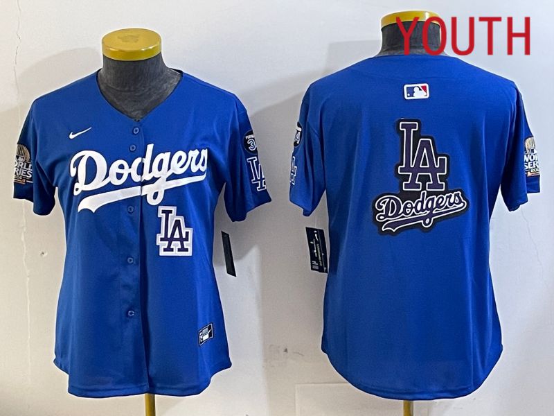 Youth  Los Angeles Dodgers blank 2024 World series patch blue jersey 202411201